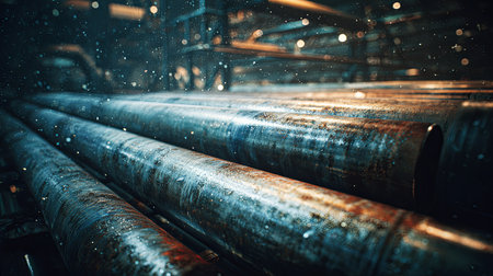 Rusty metal pipes are corroding in an industrial setting, suggesting themes of decay, neglect, and the passage of timeの素材