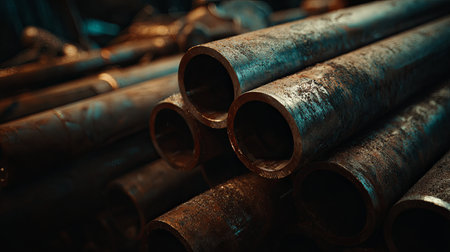 Close-up view of stacked rusty metal pipes in a warehouse, revealing intricate signs of age, wear, and corrosion on their surfacesの素材