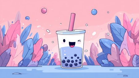 Cheerful illustration of a kawaii bubble tea character winking in a whimsical pastel-colored garden settingの素材