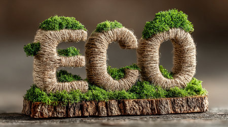 Eco friendly concept made of growing moss and jute on a piece of wood, representing care for the environment and sustainabilityの素材