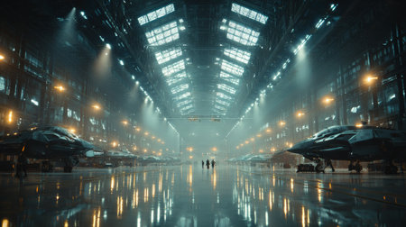 Engineers walking inside a futuristic hangar illuminated by artificial lights, inspecting a fleet of advanced fighter jets ready for deploymentの素材