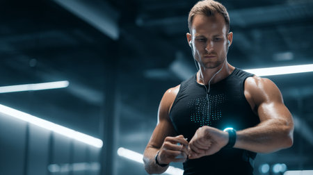 Determined male athlete using smartwatch app, monitoring performance during intense training session in high-tech gymの素材
