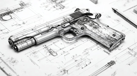 Semi-transparent gun design lying on its technical drawing with a pen nearby, in black and whiteの素材