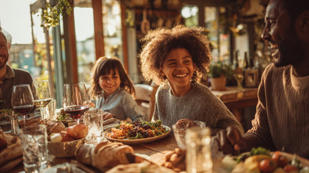 Happy family, including parents and children, smiling and laughing while enjoying a meal together at a dining table, creating a warm and joyful atmosphereの素材