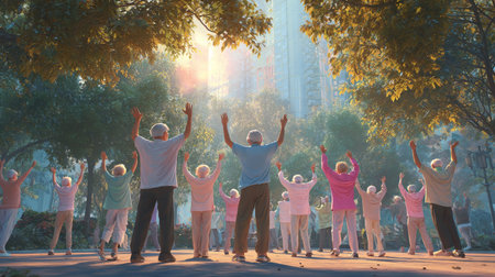 Group of elderly people enjoying a healthy lifestyle, practicing tai chi outdoors at sunrise in a peaceful park settingの素材