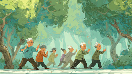 Elderly Chinese men and women are practicing tai chi chuan in a peaceful green park, enjoying a healthy lifestyleの素材
