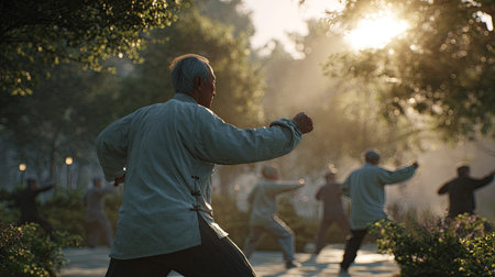 Elderly man performing tai chi chuan exercises with group outdoors, promoting health, wellness, and mindfulness in beautiful morning lightの素材