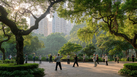 Group of retired people enjoying healthy lifestyle, exercising tai chi chuan in hong kong public park, surrounded by lush greeneryの素材