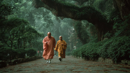 Two buddhist monks are walking through a serene temple garden, surrounded by lush greenery and a tranquil atmosphereの素材