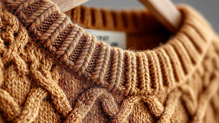 Warm and cozy brown cable knit sweater hanging on a wooden hanger, perfect for autumn and winter fashionの素材