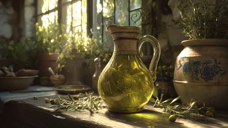 Sunlight streams through window, illuminating small ceramic jug filled with olive oil, placed on rustic wooden table in kitchen setting, evoking a sense of warmth and natural goodnessの素材