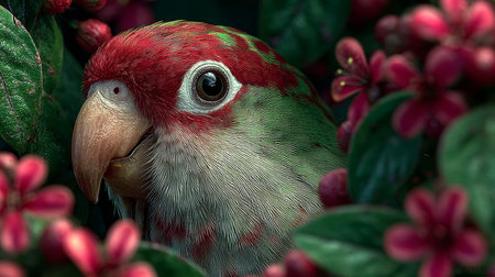 Intricate illustration of a vibrant parrot nestled within a wooden frame, enveloped by verdant foliage, creating a captivating scene of nature's beautyの素材