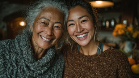 Authentic portrait of a cheerful senior Asian mother and her adult daughter sharing a happy moment together in their cozy homeの素材