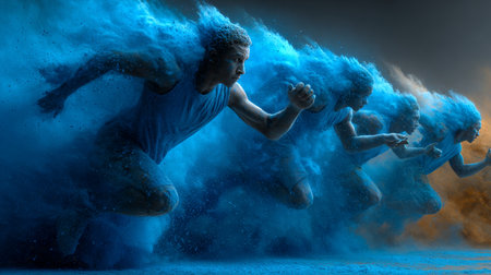 Athletes sprinting through vibrant clouds of colored powder, showing power, speed, and determination in a dynamic sports conceptの素材