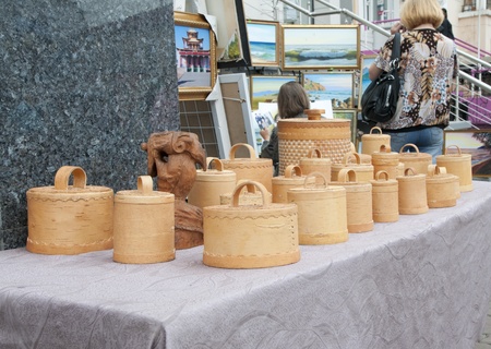 The table of handmade birch bark  boxes. Souvenirs street tradingのeditorial素材