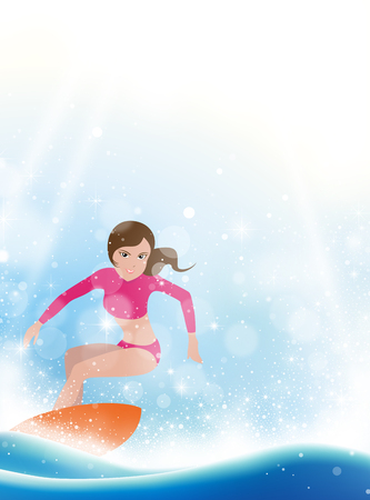 Surfing girl with surfboard on blue waveのイラスト素材