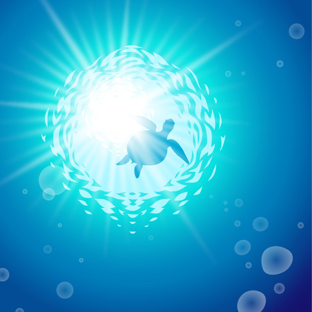 The sea turtle swimming in the blue shining seaのイラスト素材