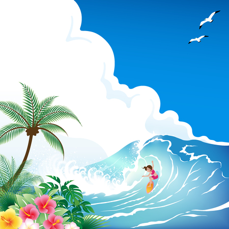 Surfing girl with surfboard on tropical blue waveのイラスト素材