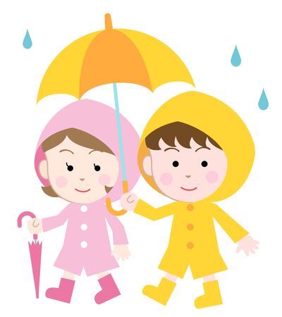 A boy and a girl walking under an umbrella, isolated on white backgroundのイラスト素材