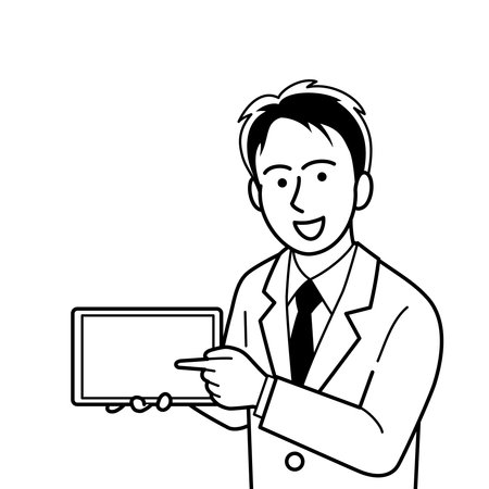 Man in suit explaining using tabletのイラスト素材