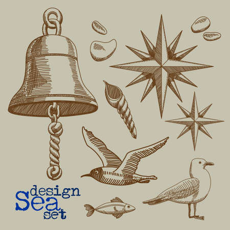 set of marine elements - the ship's bell, Roza Vetrov, sea gulls, freehand drawingのイラスト素材