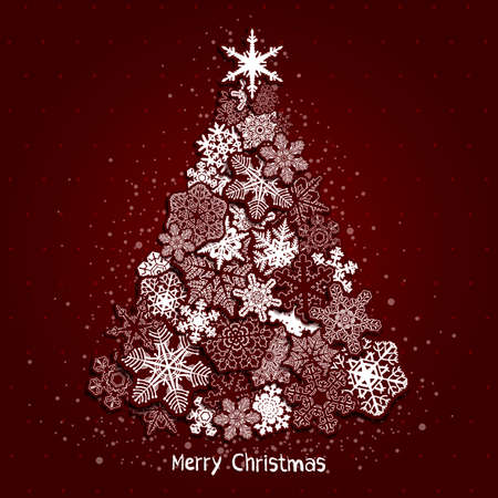Greeting card with Christmas fir tree made from white snowflakes on a red background.のイラスト素材