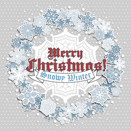 Greeting Christmas card with a wreath of carved snowflakes and a greeting inscription in the middleのイラスト素材