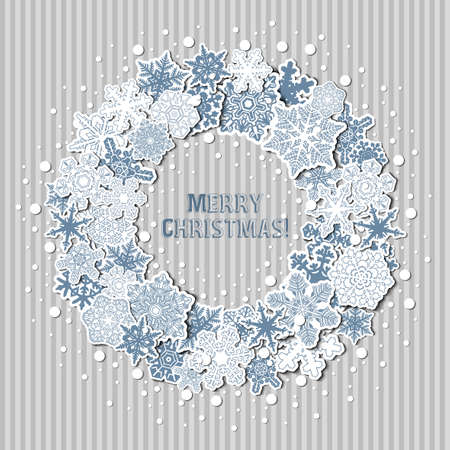 Greeting Christmas card with a wreath of carved snowflakes and a greeting inscription in the middle on the striped background.のイラスト素材