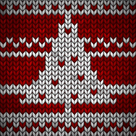 Red knitted fabric with a thin white ornament and fir tree. Realistic illustration.のイラスト素材