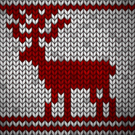 White knitted fabric with a red ornament and deer. Realistic illustration.のイラスト素材