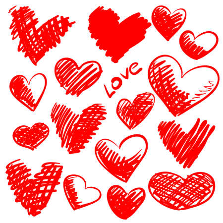 Background to Valentine's Day. Many red hearts on a white background and the word Love between them. Freehand drawing.のイラスト素材