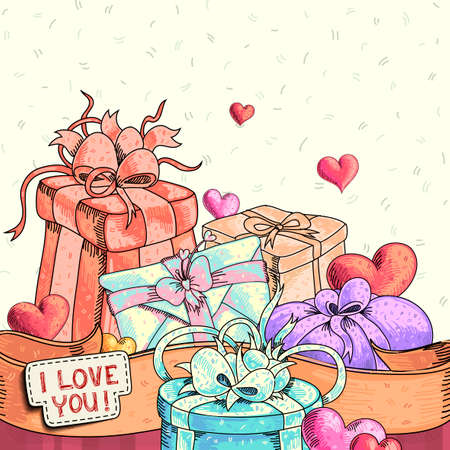 Holiday card for Valentine's Day. Many gifts on the table and the inscription I love you. Freehand drawing.のイラスト素材