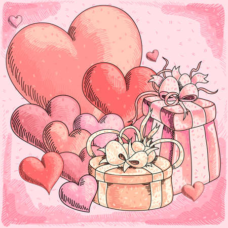 Holiday card for Valentine's Day. Many gifts on the table and hearts. Freehand drawing.のイラスト素材