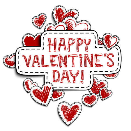 Congratulations on Valentine's Day surrounded by red hearts on a white background. Freehand drawing.のイラスト素材