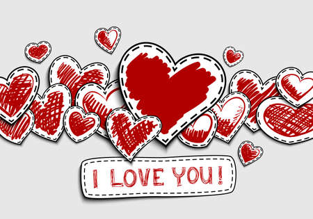 Hand-drawn hearts on a red background and the inscription I love you. Freehand drawing.のイラスト素材