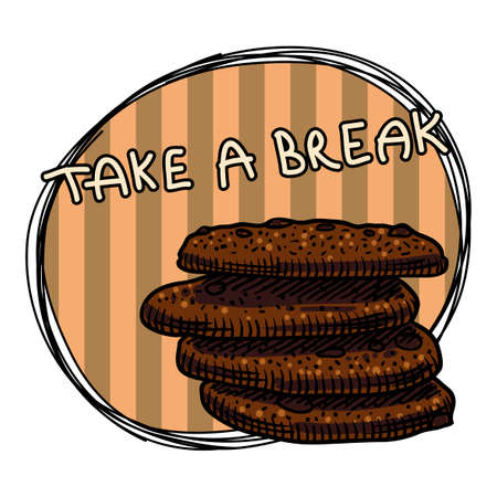 Beige striped plate with cookies. Inscription Take a break. Freehand drawing.のイラスト素材