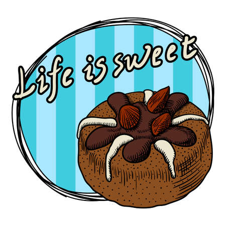 Chocolate cake on a blue striped plate. Inscription Life is sweet. Freehand drawing.のイラスト素材
