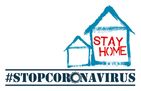 Blue house and the call to stay at home. The inscription Stop coronavirus on a white background.のイラスト素材