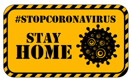 Black Virus on Yellow Background and Reminder Stay Homeのイラスト素材