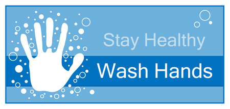White hand in soap bubbles on a blue background and the inscription wash handsのイラスト素材
