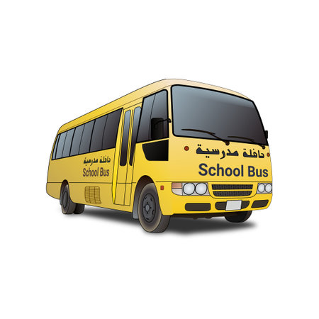 Dubai, United arab emirates. yellow arabic school transport bus illustration for schoolchildren....
