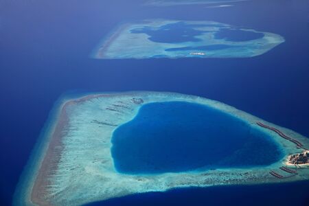 Aerial view of the barrier reff north male atoll in the maldivesの写真素材