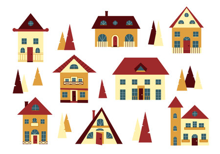 Set of isolated cute tiny houses, small buildings and pines in Scandinavian style. Trendy urban and village homes with windows, roof, doors, balconies and chimneys. Colored flat vector illustration.のイラスト素材