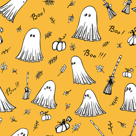 Halloween party seamless pattern. Orange endless background with pumpkins, leaves, ghosts, brooms and lettering "boo". For banner, poster, gift paper, cards.のイラスト素材