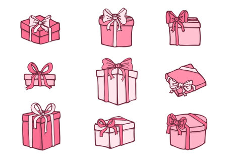Set of hand drawn icons of pink gifts in doodle style. Cartoon present box set with bows. Gift package with love for Valentine's day, Birthday, Wedding, Anniversary.のイラスト素材