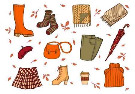 Cozy Autumn Clothes. Doodle Set. Cute Cartoon Hand Drawn Fall Outfits, Rubber Boots, Umbrella, Socks, Handbag, Boots, Skirt, Beret, Sweater, Pants, Scarves and Coffeeのイラスト素材