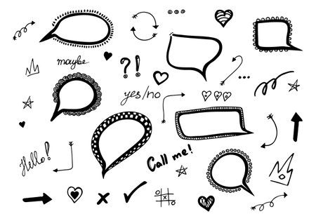 Doodle set of speech bubbles and arrows in comic hand drawn style. dialog windows and phrases:...