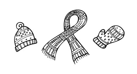 Doodle set of warm accessories. Scarf, hat, gloves mittens. Simple line drawing.Trendy doodle vector illustration. Premade logo or icon. Isolated on white background.のイラスト素材