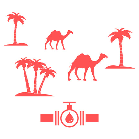 Stylized icon of the pipe with a valve and fuel drops on a white background with palm trees and...