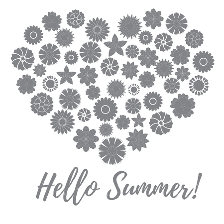 Nice picture of colorful flowers laid out in the shape of a heart and the words: hello summer on a white backgroundのイラスト素材